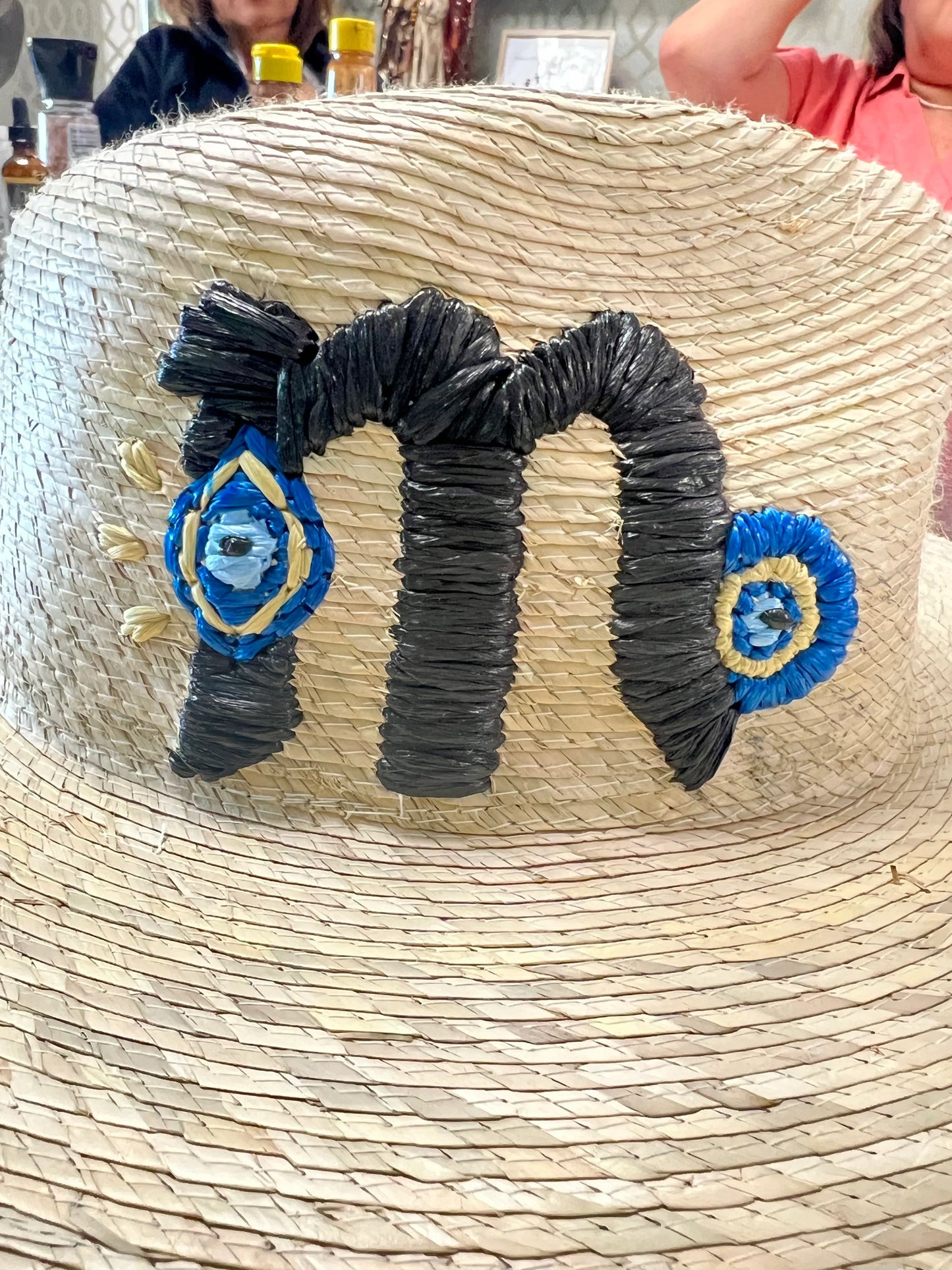 Embroidered evil eye initial straw hat
