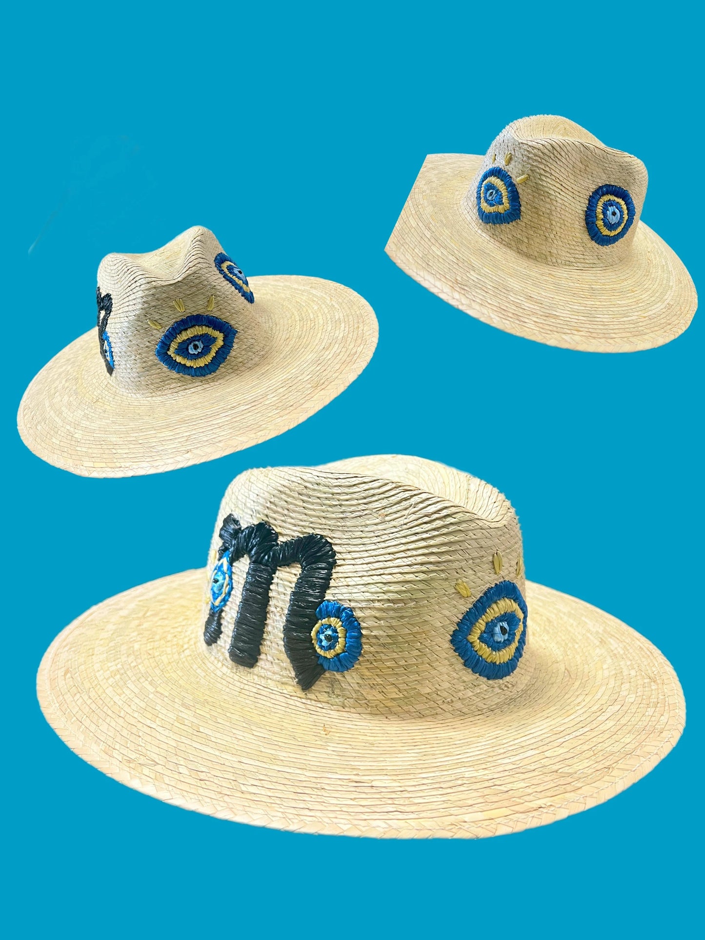 Embroidered evil eye initial straw hat