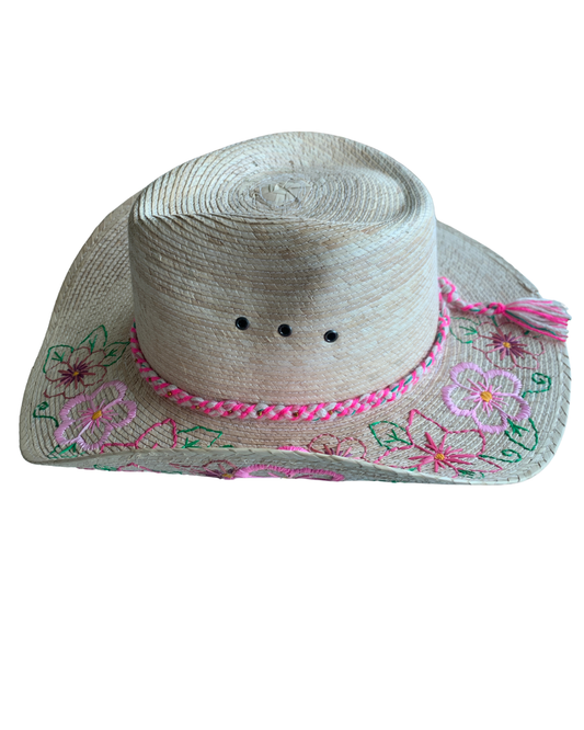 Hand Embroidered Straw Hat with Floral Design