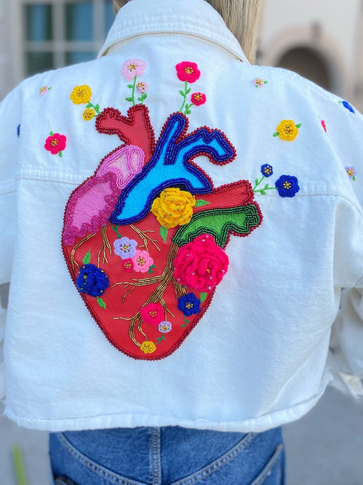 Hand-Embroidered Heart Denim Jacket: Oversized White Crop Top