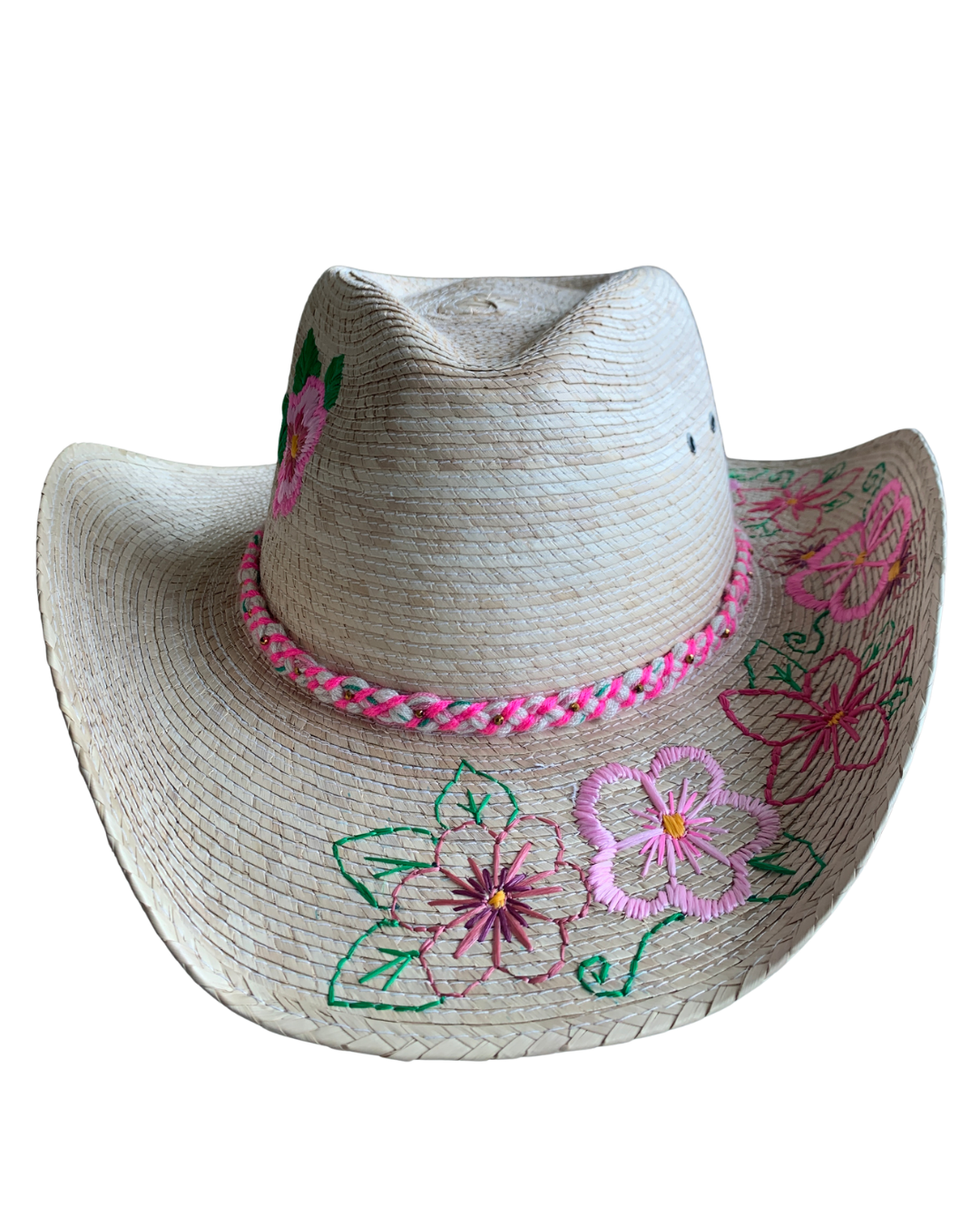 Hand Embroidered Straw Hat with Floral Design