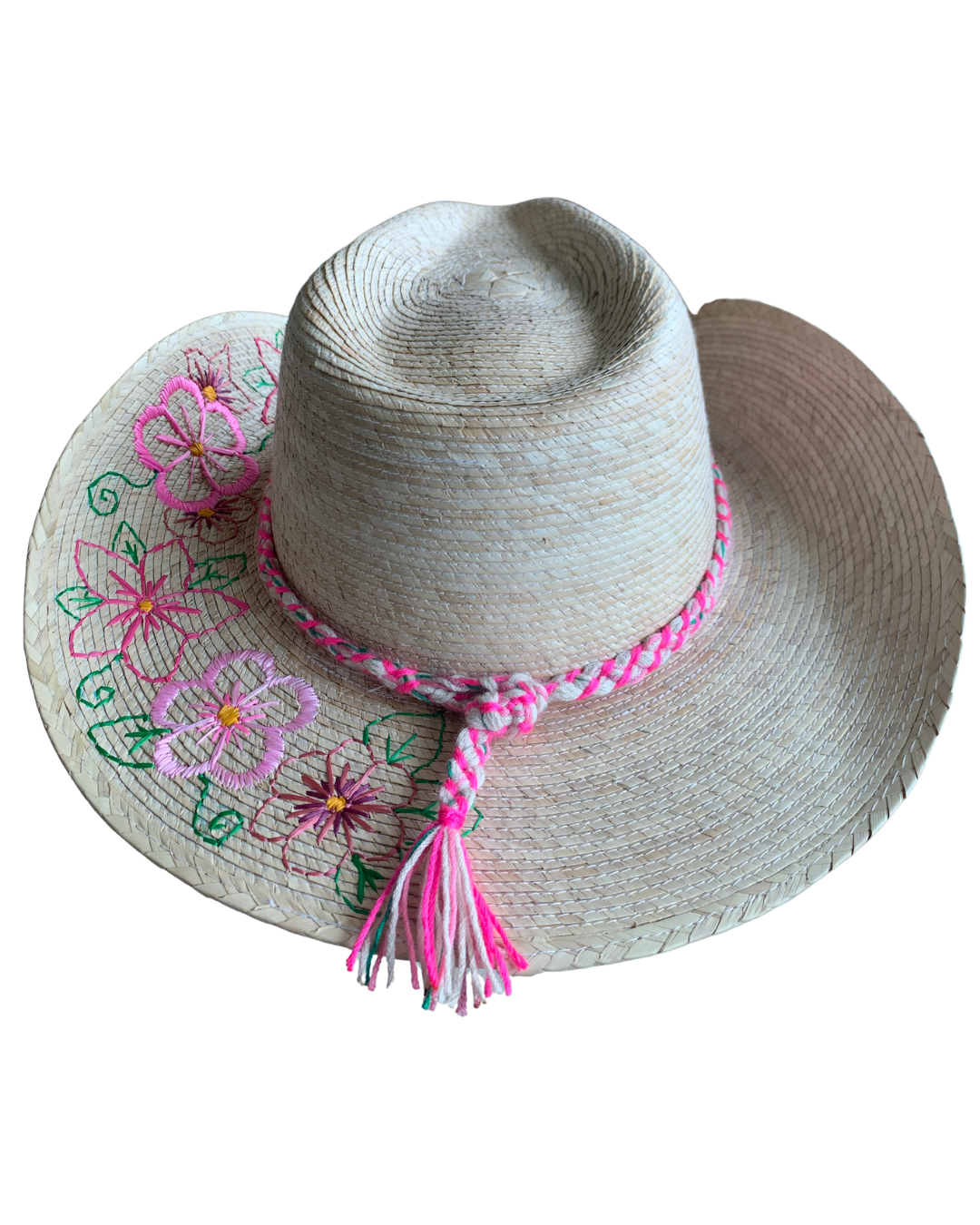 Hand Embroidered Straw Hat with Floral Design