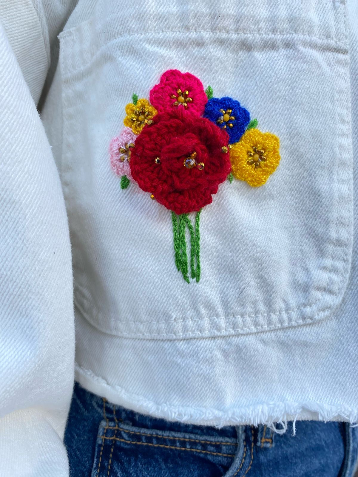 Hand-Embroidered Heart Denim Jacket: Oversized White Crop Top