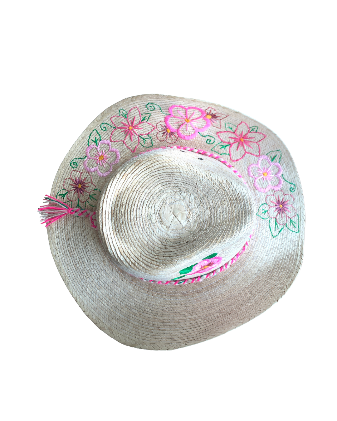Hand Embroidered Straw Hat with Floral Design