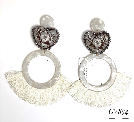 WHITE EMBROIDERED HEART EARRING
