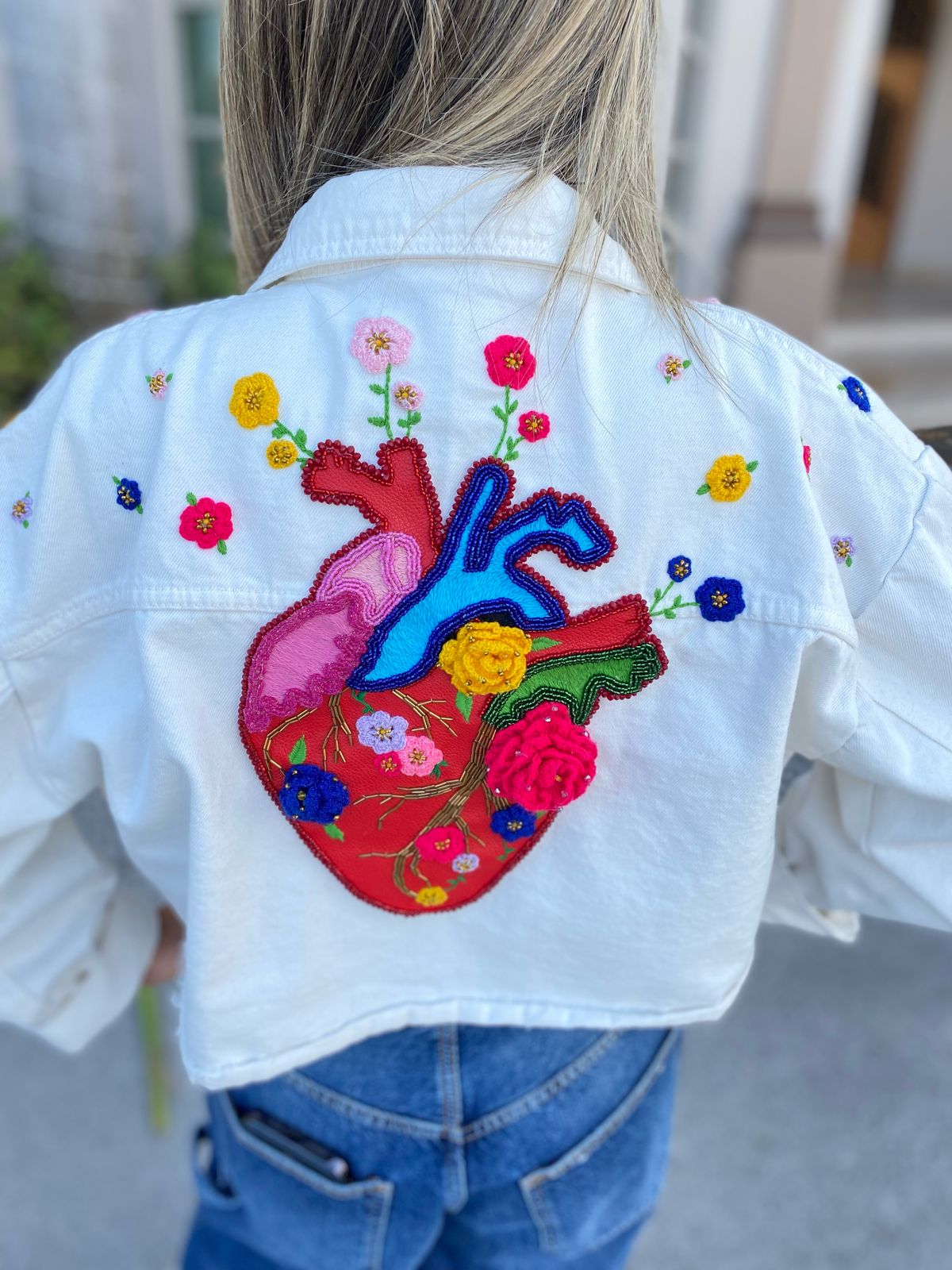 Hand-Embroidered Heart Denim Jacket: Oversized White Crop Top