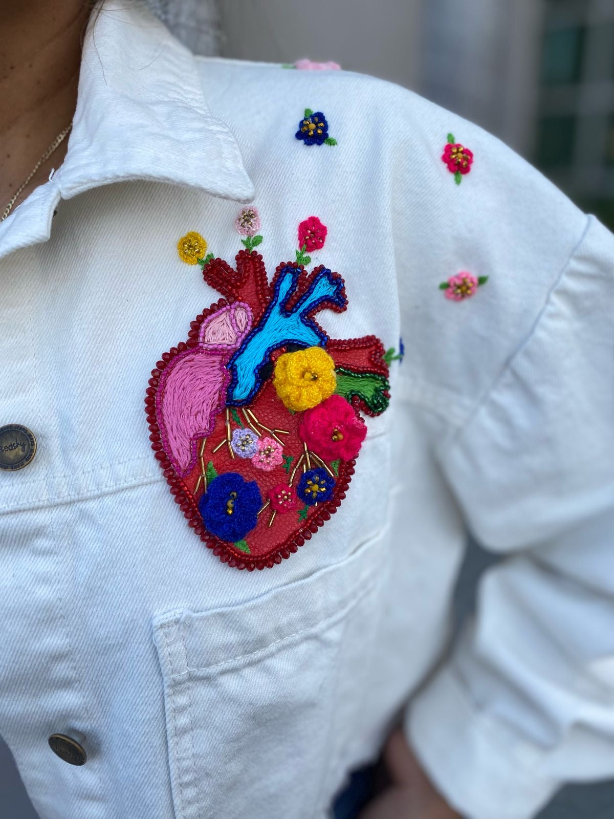 Hand-Embroidered Heart Denim Jacket: Oversized White Crop Top