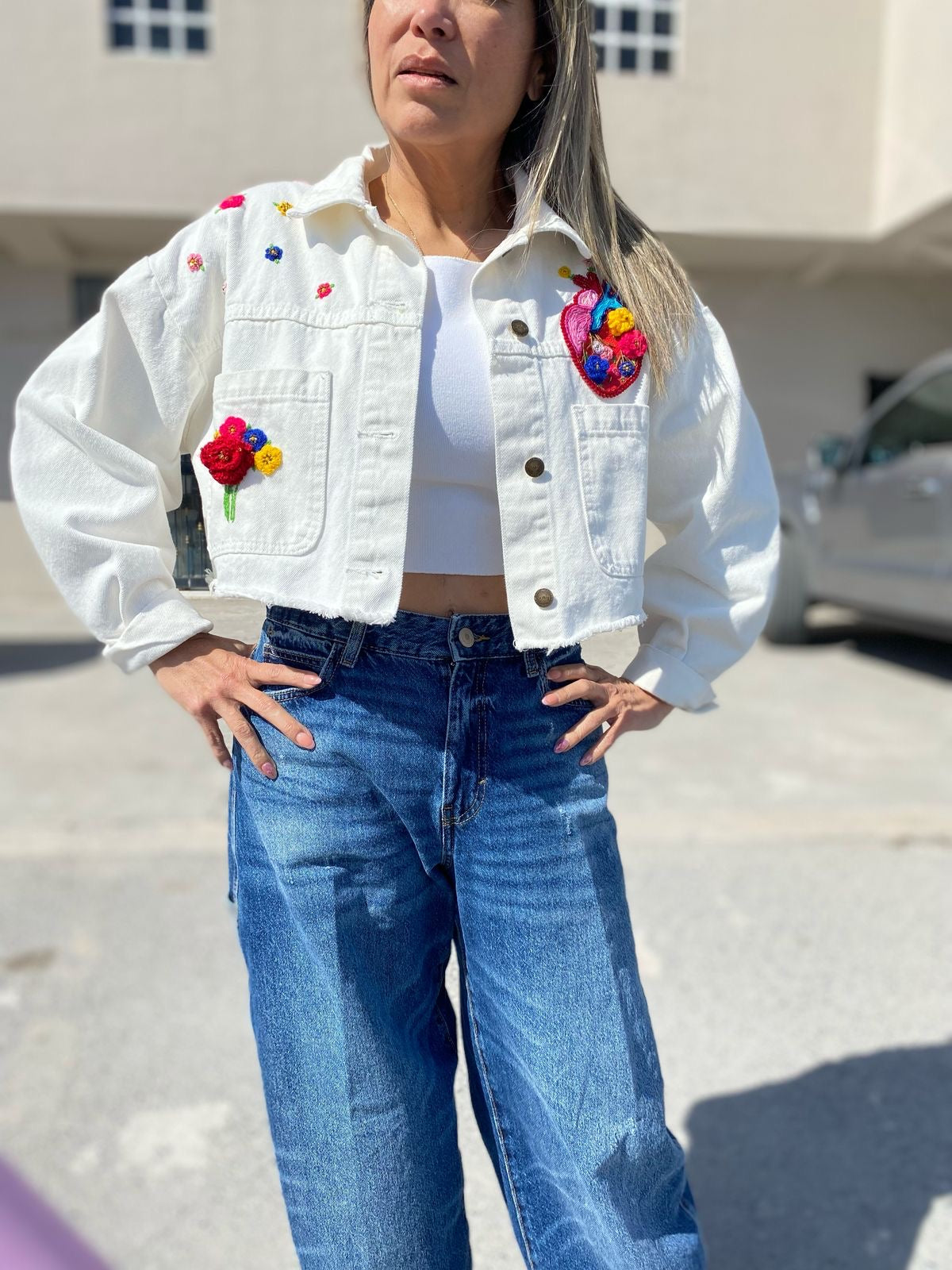 Hand-Embroidered Heart Denim Jacket: Oversized White Crop Top