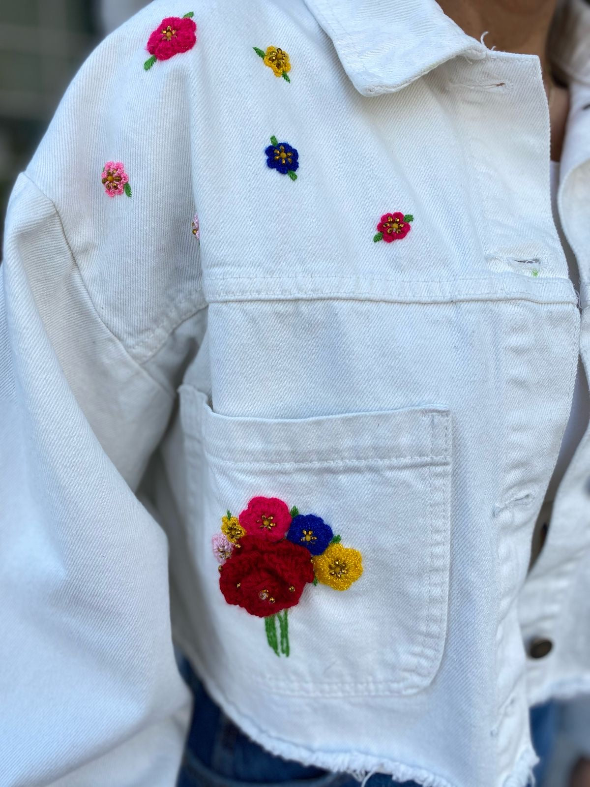 Hand-Embroidered Heart Denim Jacket: Oversized White Crop Top