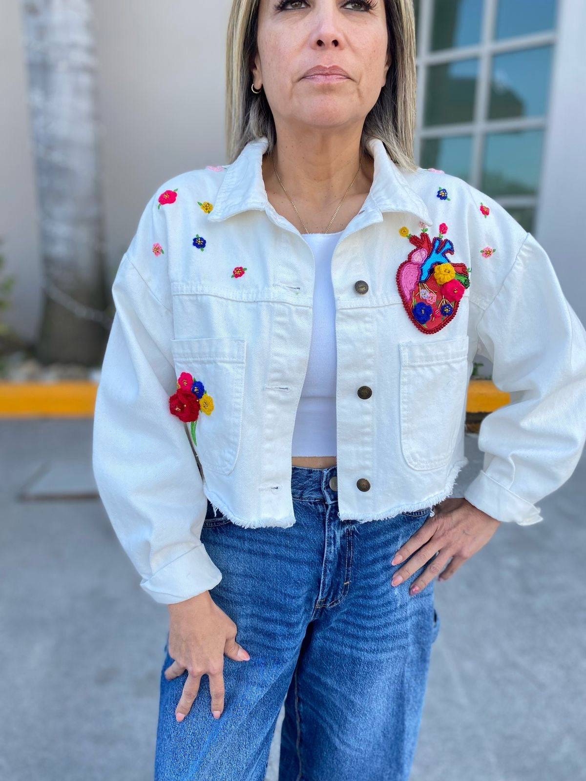 Hand-Embroidered Heart Denim Jacket: Oversized White Crop Top