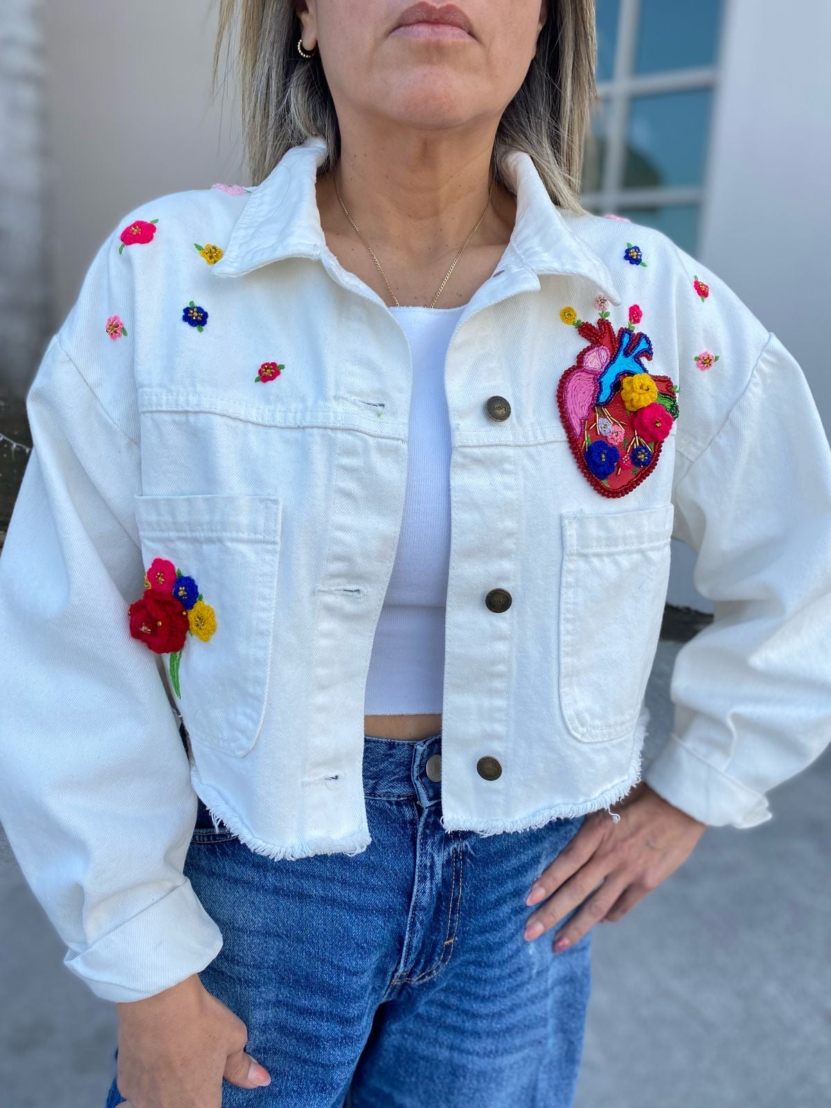 Hand-Embroidered Heart Denim Jacket: Oversized White Crop Top